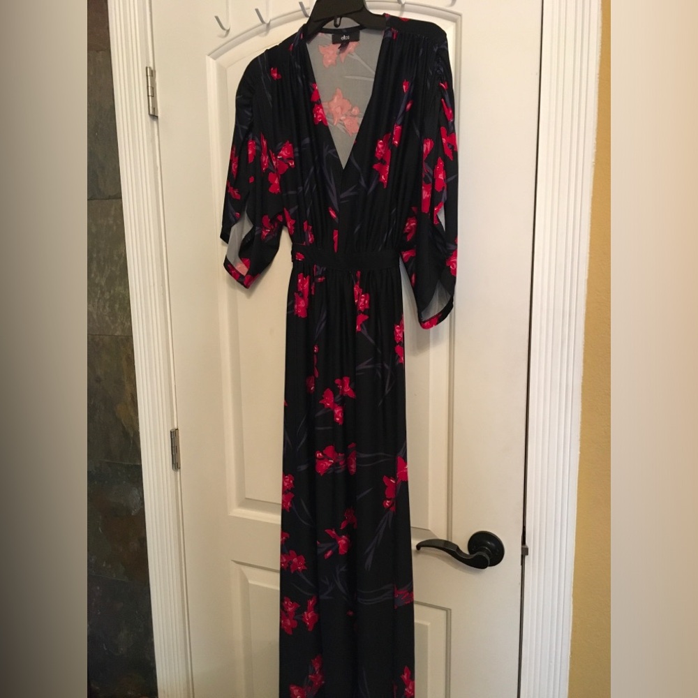 ellos Navy Black Dress with Red and Pink Floral Print